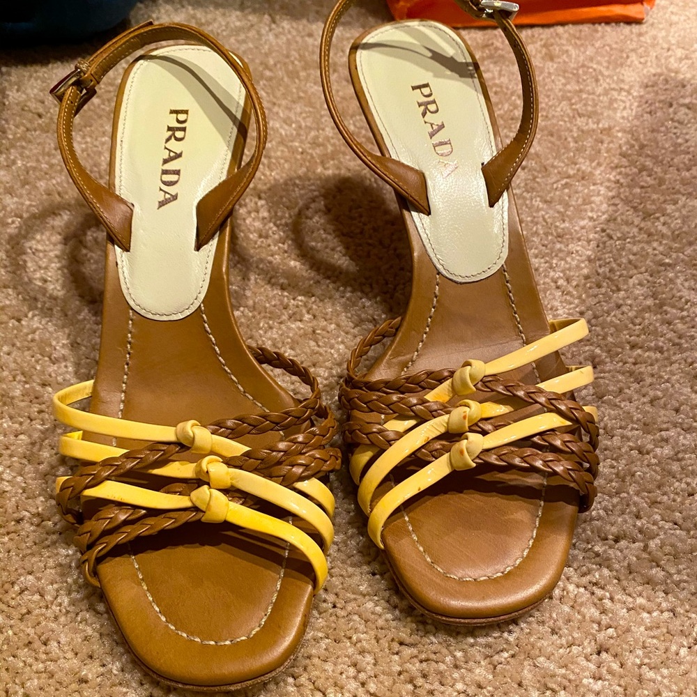 Basket weave Prada strapped sandal pumps